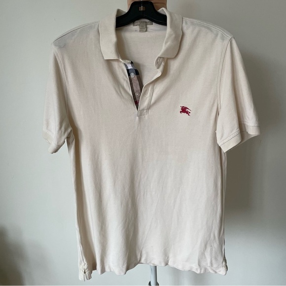 Burberry Brit Mens Beige Pique Cotton Embossed Logo Short Sleeve Polo Shirt Sz M - Picture 1 of 9